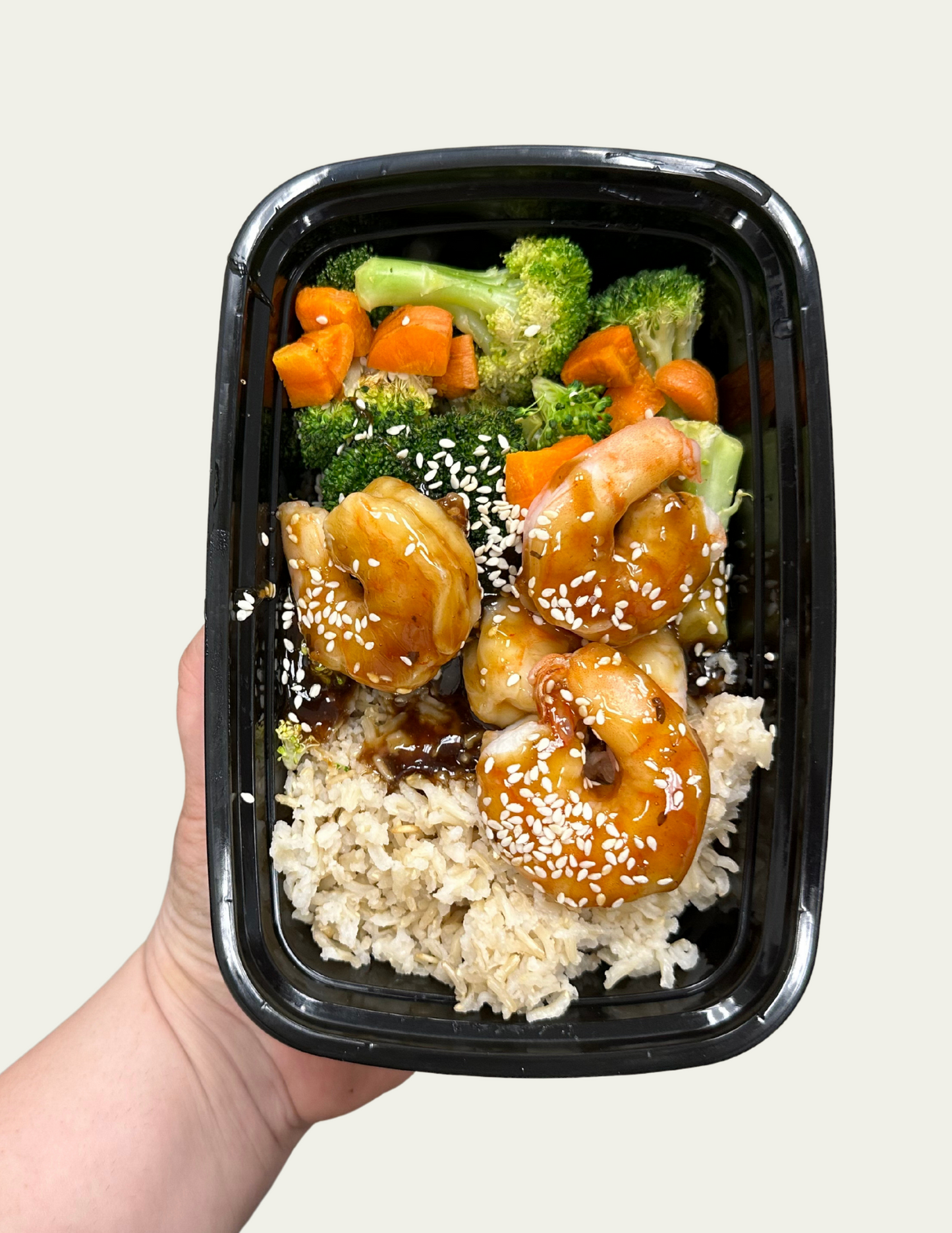 teriyaki shrimp with roasted broccoli and rice