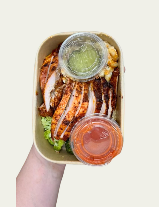 Nashville Hot Chicken Thighs with Roasted Broccoli and Mac and Cheese