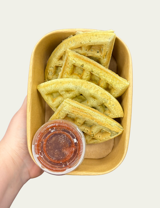 Matcha Waffles with Strawberry Compote