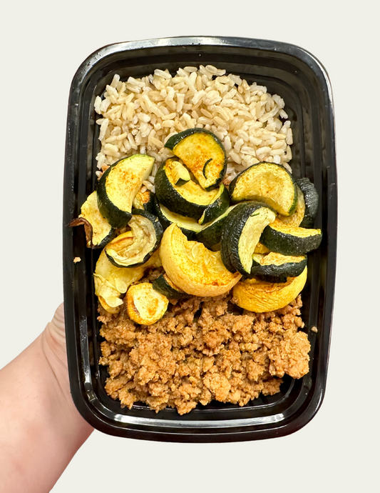 Seasoned Ground Turkey with Roasted Vegetables and Brown Rice